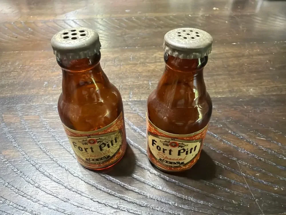 Vintage Fort Pitt Special Beer Salt Pepper Shakers Amber Glass Bottles Set of 2